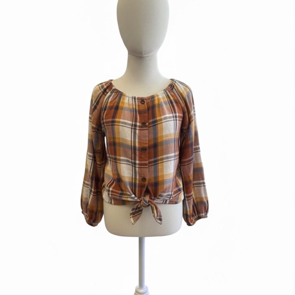 Place Girls Plaid Blouse with Tie Front